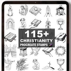 May include: A digital art collection of 115+ Christianity Procreate stamps. The black and white illustrations include religious symbols such as angels, crosses, chalices, and open books. The image is displayed on a tablet.
