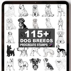 Pode incluir: Ilustração digital com várias raças de cães em preto e branco. A imagem inclui o texto "115+ DOG BREEDS PROCREATE STAMPS". As raças são retratadas em várias poses.