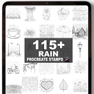 Op de afbeelding: Een digitale tablet toont een verzameling van 115+ Procreate-stempels met het thema regen. De zwart-wit illustraties omvatten een theekopje, een huis, een fiets en diverse regenpatronen. De tekst "115+ RAIN PROCREATE STAMPS" is prominent aanwezig.