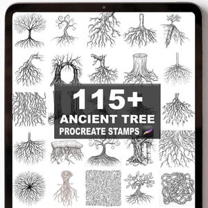 May include: A tablet screen displays a collection of black and white tree and root illustrations. The text "115+ ANCIENT TREE PROCREATE STAMPS" is visible, indicating a set of digital stamps for creative projects, suitable for digital art.
