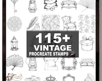 May include: A digital art collection of vintage Procreate stamps. The image displays various black and white illustrations, including a key, lanterns, ribbons, furniture, and decorative elements. The text reads "115+ Vintage Procreate Stamps."