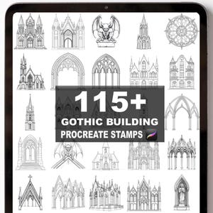 May include: A digital art image on a tablet screen featuring a collection of over 115 Gothic building Procreate stamps. The stamps include detailed line drawings of cathedrals, arches, and gargoyles, all in black and white.