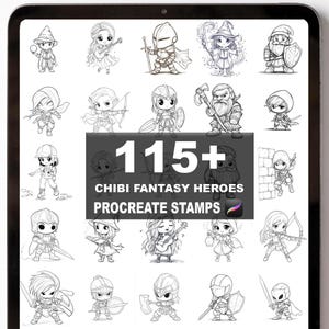 May include: A digital tablet displays a collection of 115+ chibi fantasy heroes Procreate stamps. The black and white illustrations depict various characters, including knights, archers, and wizards. The tablet's screen is surrounded by a black bezel.