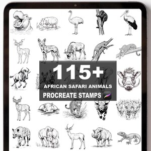 May include: A digital illustration featuring a collection of African safari animals. The image includes a variety of animals such as hippos, giraffes, and leopards. Text on the image reads "115+ African Safari Animals Procreate Stamps."