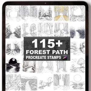 Könnte beinhalten: Ein digitales Tablet zeigt eine Sammlung von Procreate-Stempeln für Waldwege. Die Stempel sind Schwarz-Weiß-Illustrationen verschiedener Waldszenen, darunter Pfade, Bäume und eine Hütte. Der Text "115+ FOREST PATH PROCREATE STAMPS" ist deutlich zu sehen.