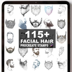 Può includere: Un tablet digitale mostra illustrazioni di barbe. L'immagine presenta vari stili di barba in bianco e nero, con una grafica centrale che recita "115+ FACIAL HAIR PROCREATE STAMPS."