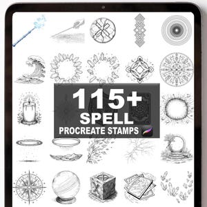May include: A digital art collection displayed on a tablet screen. The image features various black and white illustrations of magical elements, including a wand, crystals, and a compass. Text reads "115+ SPELL PROCREATE STAMPS."