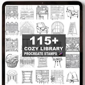 May include: A digital art image showcasing a collection of 115+ cozy library Procreate stamps. The stamps feature detailed line drawings of bookshelves, chairs, tables, and other library-themed elements, all in black and white.