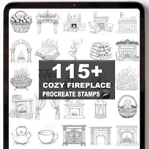 May include: A digital art collection displayed on a tablet screen. The image showcases over 115 cozy fireplace Procreate stamps. The stamps include various fireplace designs, firewood, and other related illustrations, all in black and white.
