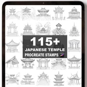 Pode incluir: Um tablet digital exibe uma coleção de ilustrações de templos japoneses. O texto diz "115+ Japanese Temple Procreate Stamps". As imagens são desenhos a traço em preto e branco de vários designs de templos.