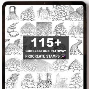 May include: A digital art display showcasing over 115 cobblestone pathway Procreate stamps. The stamps depict diverse designs of stone paths, bridges, and steps, rendered in grayscale.