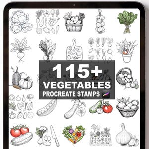 Könnte beinhalten: Eine digitale Illustration auf einem Tablet mit verschiedenen Gemüsesorten. Das Bild zeigt Tomaten, Gurken, Knoblauch und Kürbisse. Der Text auf dem Bild lautet "115+ VEGETABLES PROCREATE STAMPS".