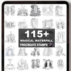 May include: A digital art display on a tablet featuring over 115 Procreate stamps of magical waterfalls. The stamps are black and white line drawings of various waterfall scenes, crystals, and fantasy elements.