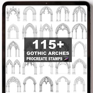 May include: A digital illustration of a collection of 115+ Gothic arch designs. The arches are in various styles and are displayed on a digital tablet. Text on the image reads "115+ Gothic Arches Procreate Stamps."