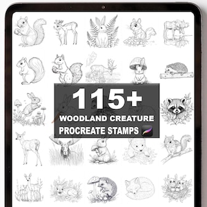 May include: A digital tablet screen displays a collection of black and white woodland creature illustrations. The text "115+ WOODLAND CREATURE PROCREATE STAMPS" is centered on the screen. The illustrations include squirrels, deer, rabbits, and other forest animals.