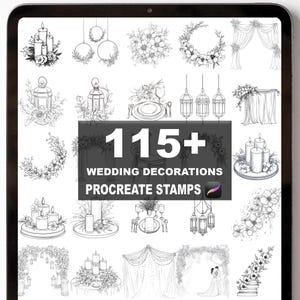 May include: A digital art image showcasing over 115 wedding decoration Procreate stamps. The stamps include various floral arrangements, candles, lanterns, and decorative elements, all in a black and white line art style.