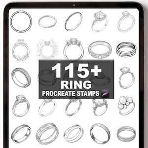 Könnte beinhalten: Digitale Illustration verschiedener Ringdesigns, darunter Solitär-, Band- und Cluster-Stile. Das Bild zeigt den Text "115+ RING PROCREATE STAMPS" in einem dunklen Rechteck und präsentiert eine Vielzahl von Ringoptionen für digitale Kunst.