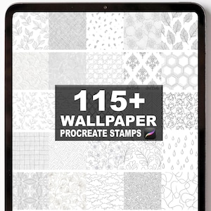 May include: A digital tablet displays a collection of Procreate wallpaper stamps. The stamps feature various black and white patterns, including leaves, geometric shapes, and floral designs. The text "115+ WALLPAPER PROCREATE STAMPS" is prominently displayed.