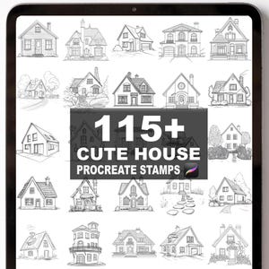 Peut inclure: Image numérique sur une tablette présentant plus de 115 tampons Procreate de jolies maisons. Les tampons sont des dessins au trait en noir et blanc de différents styles de maisons, y compris des cottages et des maisons modernes. L'image est affichée sur une tablette noire.