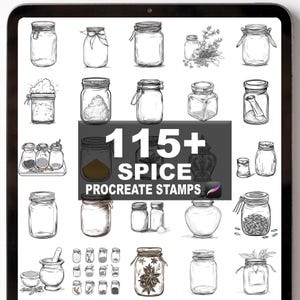 May include: A digital illustration featuring a collection of spice jars and containers. The image includes the text "115+ SPICE PROCREATE STAMPS". The jars vary in shape and size, with some containing spices and herbs.