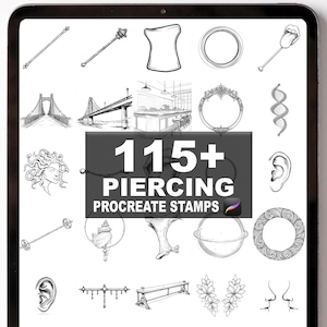 May include: A digital art image on a tablet screen featuring various black and white illustrations of piercing-related designs. The image includes text that reads "115+ PIERCING PROCREATE STAMPS". The illustrations include bridges, jewelry, and body parts.