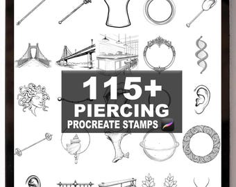 May include: A digital art image on a tablet screen featuring various black and white illustrations of piercing-related designs. The image includes text that reads "115+ PIERCING PROCREATE STAMPS". The illustrations include bridges, jewelry, and body parts.