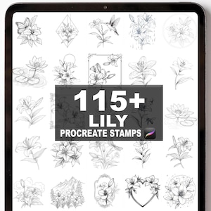 Peut inclure: Une tablette numérique affiche une collection d'illustrations de fleurs de lys. L'image présente divers motifs de lys, notamment des dessins au trait détaillés de lys, de papillons et de colibris. Le texte "115+ LILY PROCREATE STAMPS" est bien en évidence.