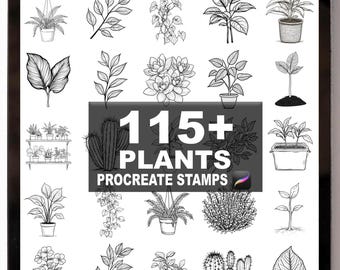 May include: A digital illustration on a tablet screen featuring a collection of 115+ plant Procreate stamps. The stamps include various potted plants, leaves, and cacti, all in black and white line art. The text "115+ PLANTS PROCREATE STAMPS" is displayed.