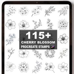 May include: A digital art display featuring a collection of over 115 cherry blossom Procreate stamps. The stamps are in black and white, showcasing various floral designs, including individual blossoms and sprigs.