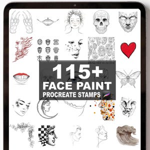 Könnte beinhalten: Ein digitaler Tablet-Bildschirm zeigt eine Sammlung von Gesichtsbemalungsdesigns und den Text "115+ FACE PAINT PROCREATE STAMPS". Die Designs umfassen Schädel, Masken, Schmetterlinge und andere Illustrationen in Schwarzweiß, mit einem roten Herzen.