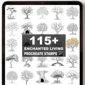 Puede incluir: Una exhibición de arte digital con una colección de ilustraciones de árboles. Las imágenes son en blanco y negro, con una variedad de estilos de árboles. El texto dice "115+ Enchanted Living Procreate Stamps". La exhibición está en una tableta.