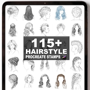 以下が含まれることがあります： デジタルタブレットには、さまざまなヘアスタイルのイラストが表示されています。この画像には、ロング、ショート、カール、三つ編みなど、さまざまなヘアスタイルが描かれています。「115+ HAIRSTYLE PROCREATE STAMPS」というテキストが画像の中央に表示されています。