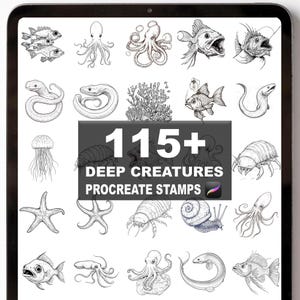 May include: A digital art illustration of various deep sea creatures, including fish, octopuses, and jellyfish. The image features the text "115+ Deep Creatures Procreate Stamps."