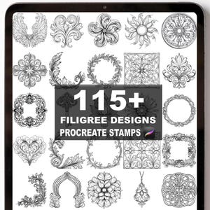 May include: A digital tablet displays a collection of 115+ filigree designs, Procreate stamps. The designs are in black and white, featuring floral, ornamental, and decorative elements. The designs include wreaths, flowers, and intricate patterns.