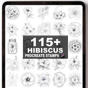 May include: A digital tablet displays a collection of black and white hibiscus flower illustrations. The image includes the text "115+ Hibiscus Procreate Stamps". The flowers are in various styles, including detailed line drawings and stylized designs.