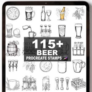 May include: Digital art set featuring various beer-related illustrations. The collection includes images of beer glasses, bottles, mugs, and brewing equipment. The text in the image reads "115+ BEER PROCREATE STAMPS".