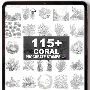 May include: A digital art collection displayed on a tablet screen, featuring over 115 coral Procreate stamps. The black and white illustrations depict various coral formations, marine life, and underwater scenes. The text "115+ CORAL PROCREATE STAMPS" is prominently displayed.