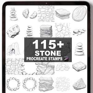 Puede incluir: Una colección de arte digital mostrada en la pantalla de una tableta, con varias ilustraciones de piedras en escala de grises. La imagen muestra piedras apiladas, formaciones rocosas y texturas, con el texto "115+ STONE PROCREATE STAMPS".