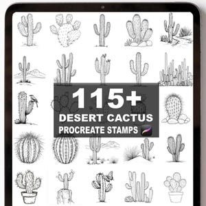Puede incluir: Una exhibición de arte digital con 115+ sellos Procreate de cactus del desierto. Las ilustraciones en blanco y negro representan varias especies de cactus, incluyendo barril, saguaro y chumbera, en una pantalla de tableta.