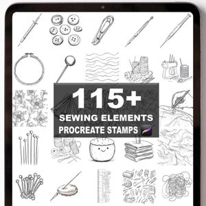 Puede incluir: Ilustración digital de varios elementos de costura, incluyendo agujas, botones, carretes de hilo y una máquina de coser. La imagen presenta el texto "115+ SEWING ELEMENTS PROCREATE STAMPS" en un rectángulo gris oscuro, sugiriendo un producto digital.