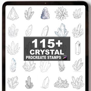 May include: A digital illustration of various crystal designs, including clusters and single points, in shades of gray and white. The image features the text "115+ CRYSTAL PROCREATE STAMPS".