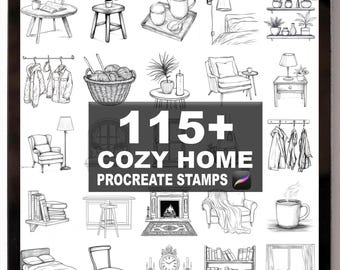 Puede incluir: Ilustración digital en una pantalla de tableta que muestra varios sellos de Procreate con temas de hogar acogedor. Los sellos incluyen muebles, decoración y otros elementos del hogar. El texto en la pantalla dice "115+ COZY HOME PROCREATE STAMPS."