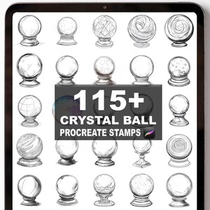Könnte beinhalten: Digitale Illustration auf einem Tablet-Bildschirm mit mehreren Kristallkugel-Designs. Das Bild enthält den Text "115+ CRYSTAL BALL PROCREATE STAMPS". Die Kristallkugeln sind in verschiedenen Stilen mit detaillierten Schattierungen und Sockeln dargestellt.