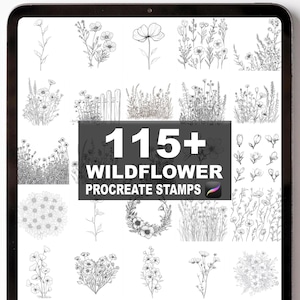 May include: A digital tablet displays a collection of wildflower Procreate stamps. The image features various line art illustrations of flowers and foliage, with the text "115+ WILDFLOWER PROCREATE STAMPS". The illustrations are in black and white.