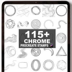 Puede incluir: Una tableta digital muestra una colección de más de 115 sellos Chrome Procreate. Los sellos tienen varias formas, incluyendo círculos, formas geométricas y líneas fluidas. El diseño general es monocromático, con un enfoque en la textura y el detalle.