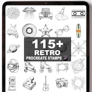 May include: A digital illustration on a tablet screen featuring over 115 retro Procreate stamps. The stamps include a vintage car, rocket, cassette tape, scooter, record, star, glasses, surfboard, planet, roller skates, TV, and more.