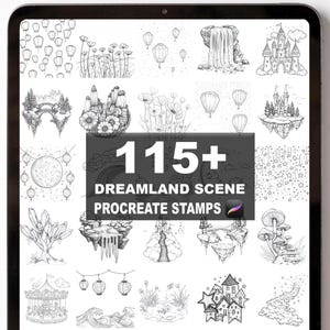 Op de afbeelding: Een tablet scherm met een digitale kunstcollectie van zwart-wit illustraties. De illustraties bevatten kastelen, watervallen, luchtballonnen en andere dromerige scènes. De tekst "115+ DREAMLAND SCENE PROCREATE STAMPS" wordt in het midden weergegeven.