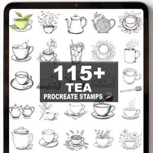 Puede incluir: Ilustración digital con sellos Procreate con temática de té. La imagen muestra varias tazas de té, teteras y elementos relacionados con el té, con el texto "115+ TEA PROCREATE STAMPS". Las ilustraciones son en blanco y negro.