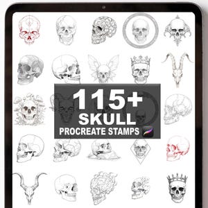 May include: A digital tablet displays a collection of skull illustrations. The image features various skull designs, including those with crowns, wings, and geometric patterns. The text "115+ SKULL PROCREATE STAMPS" is prominently displayed.