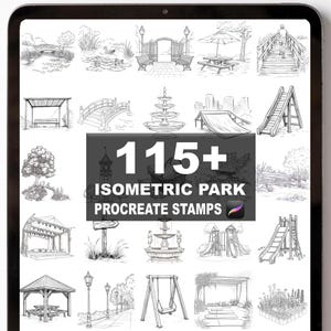 Peut inclure: Une tablette numérique affiche 115+ tampons Procreate de parc isométriques. Les dessins au trait en noir et blanc représentent des éléments de parc, notamment des ponts, des bancs, des fontaines, des toboggans et des arbres. La tablette est noire.